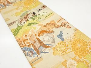 アンティーク　雪輪に御所車・鶴・笠松・梅模様織り出し丸帯(材料)